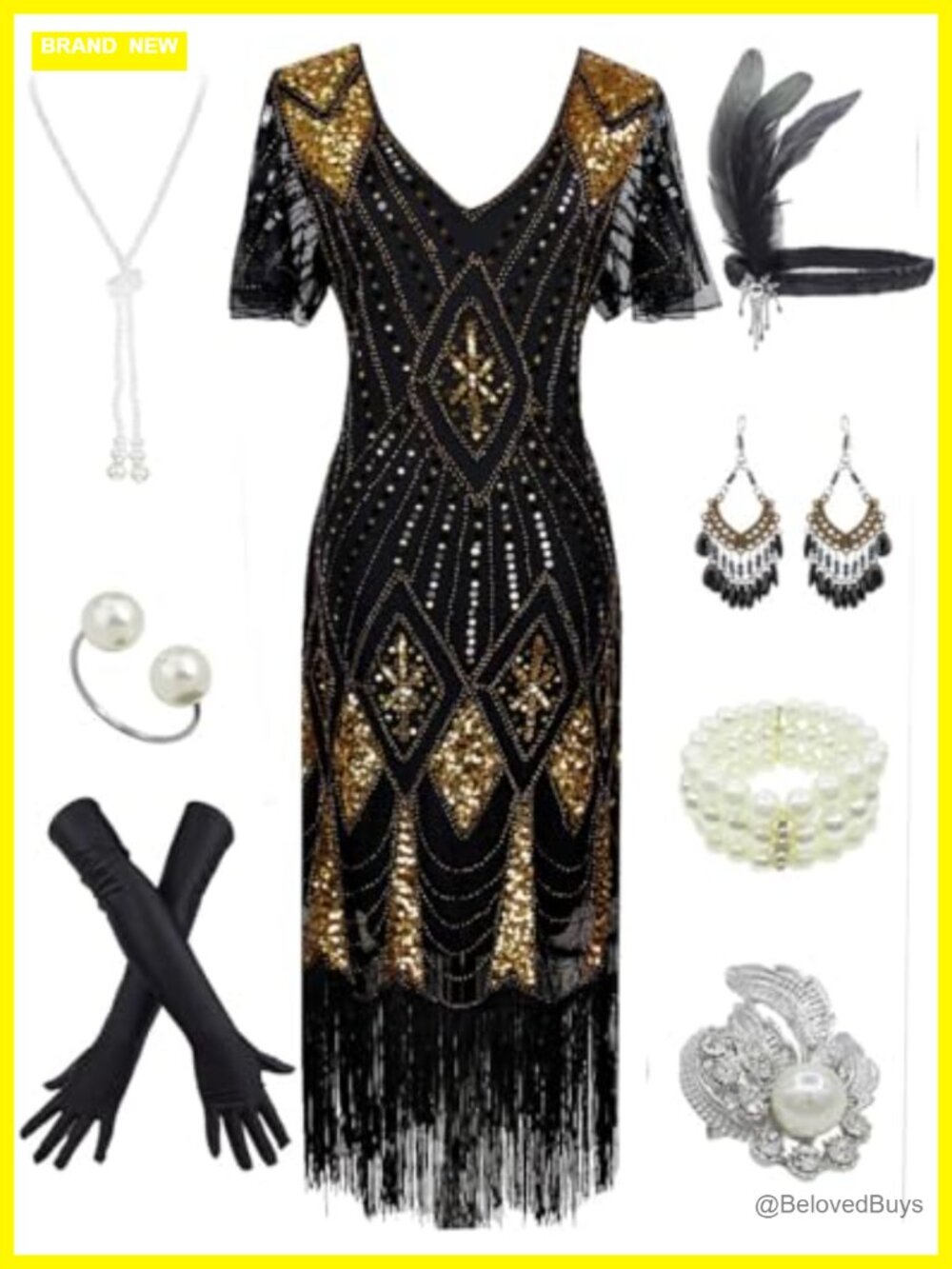 1920s Sequin Fringe Flapper Dress Costume Set Satin Gloves Headband